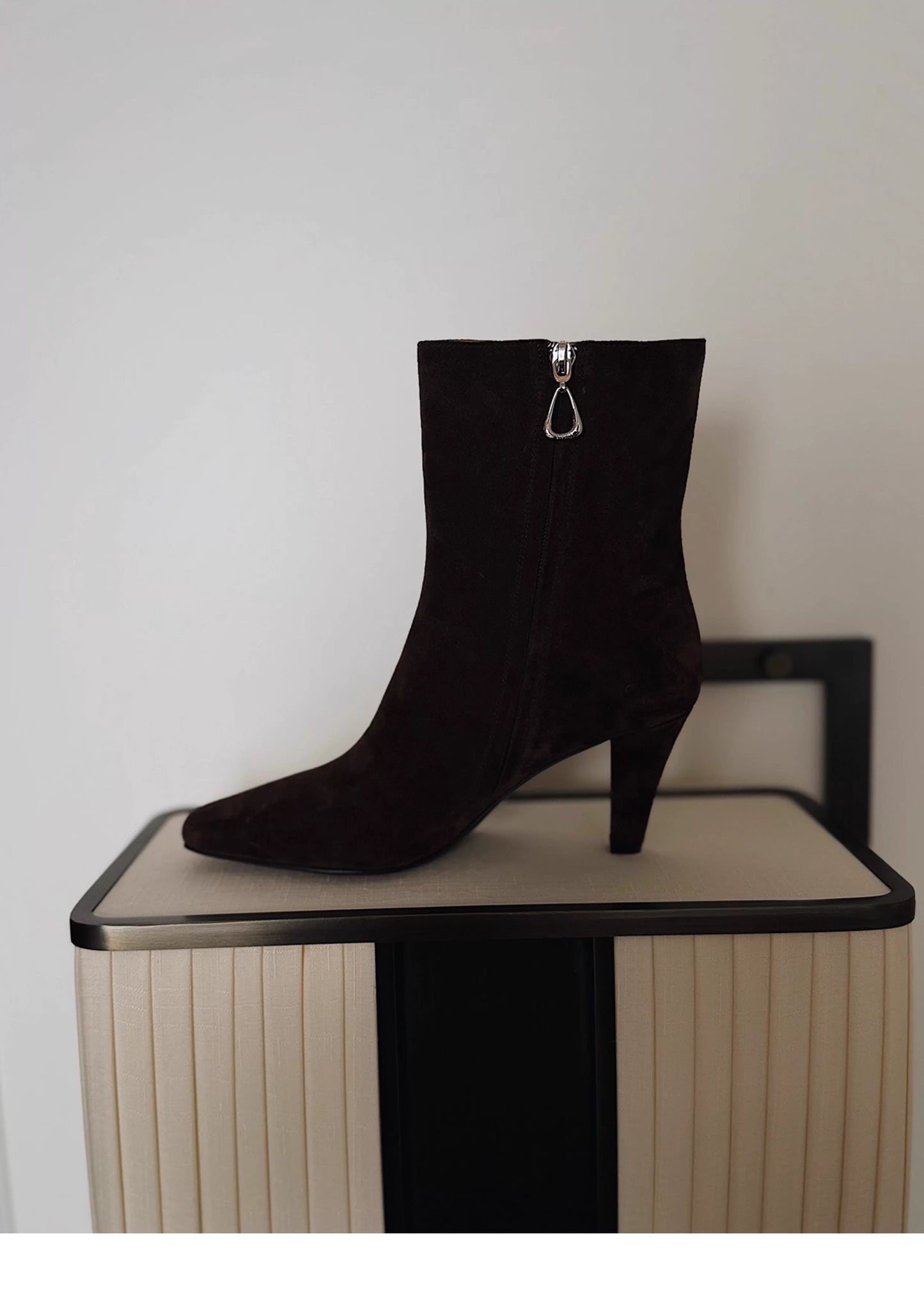 "Vesper" Women’s Dark Brown Suede Ankle Boots with Asymmetric Zipper