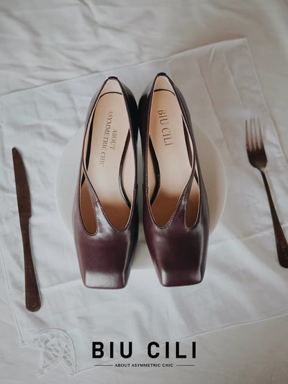 Sculpted Square Toe Cut-Out Leather Pumps with Mid Heel