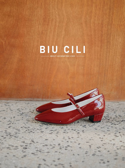 Minimalist Leather Mary Jane Block Heels with Asymmetric Buckle