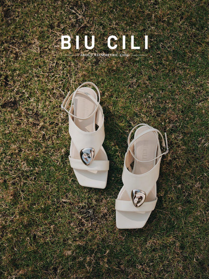 "Slow Time" Minimalist Leather Sandals with Sculptural Silver Detail
