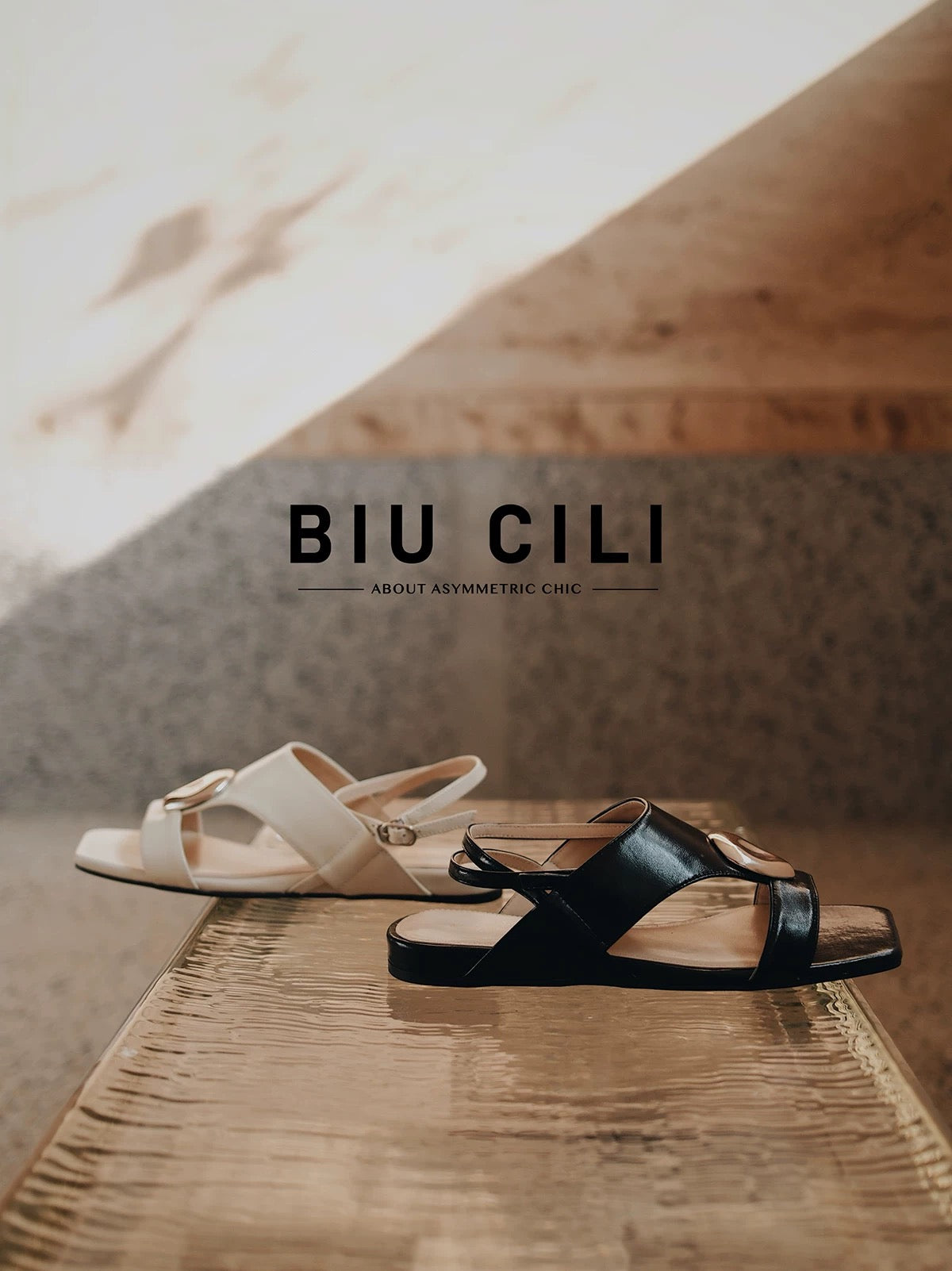 "Slow Time" Minimalist Leather Sandals with Sculptural Silver Detail