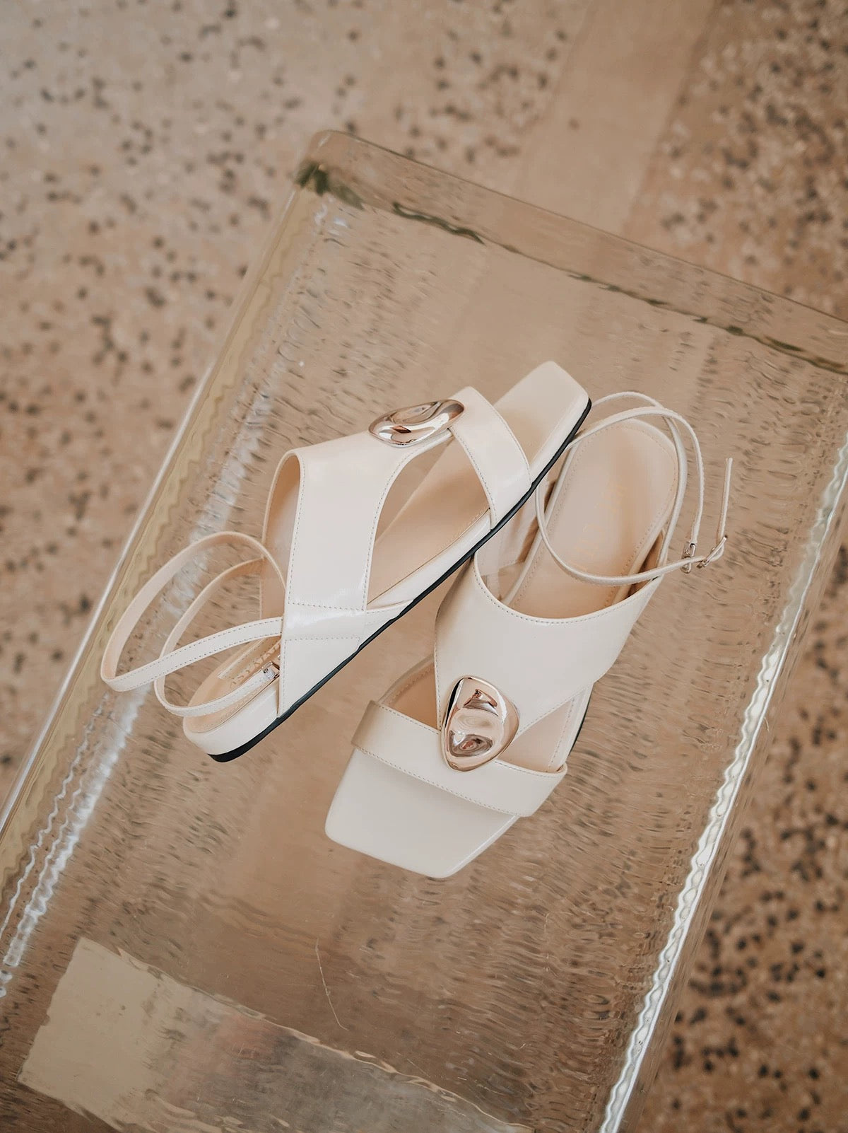 "Slow Time" Minimalist Leather Sandals with Sculptural Silver Detail