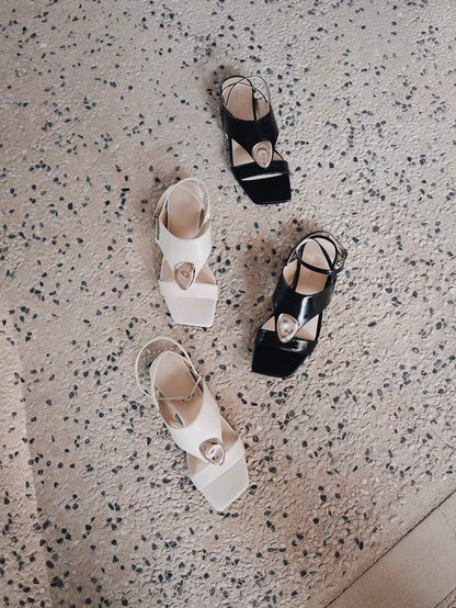 "Slow Time" Minimalist Leather Sandals with Sculptural Silver Detail