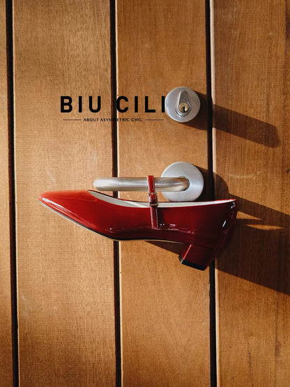 Minimalist Leather Mary Jane Block Heels with Asymmetric Buckle