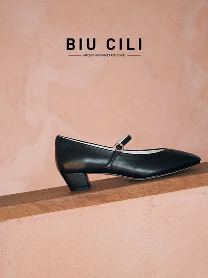 Minimalist Leather Mary Jane Block Heels with Asymmetric Buckle
