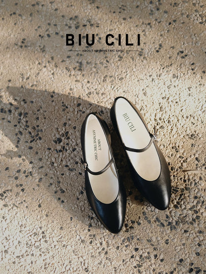 Minimalist Leather Mary Jane Block Heels with Asymmetric Buckle