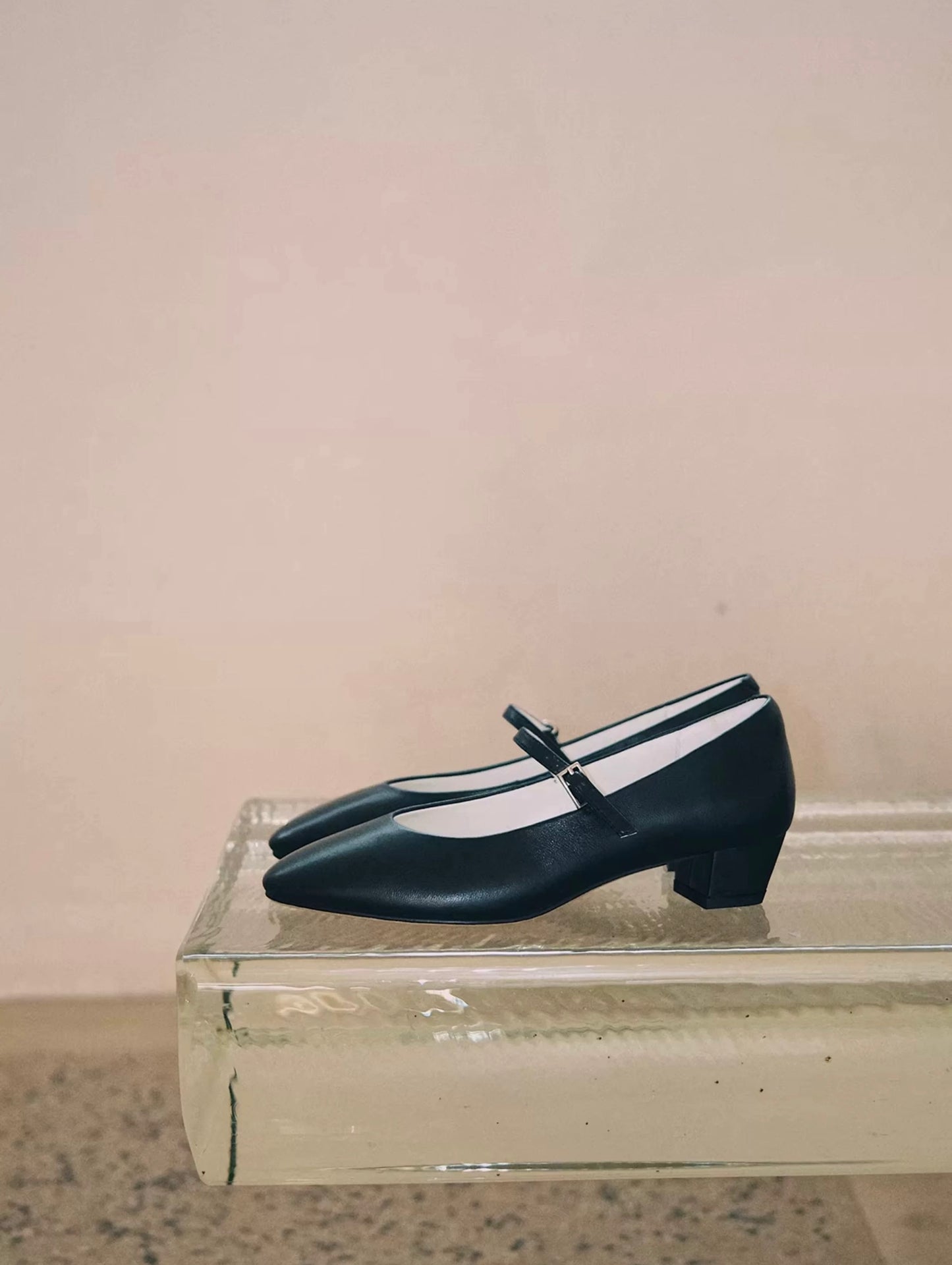 Minimalist Leather Mary Jane Block Heels with Asymmetric Buckle