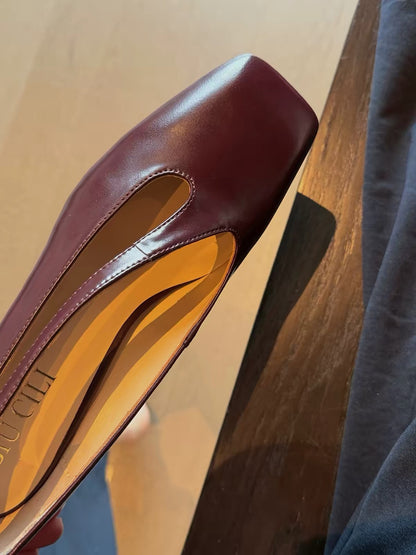 Sculpted Square Toe Cut-Out Leather Pumps with Mid Heel