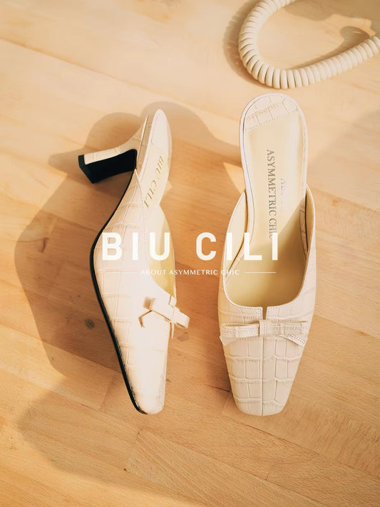 Summer Square-Toe Leather Bow Mule Heels