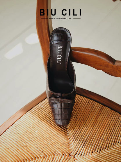 Summer Square-Toe Leather Bow Mule Heels