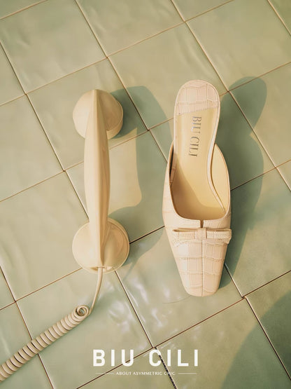 Summer Square-Toe Leather Bow Mule Heels