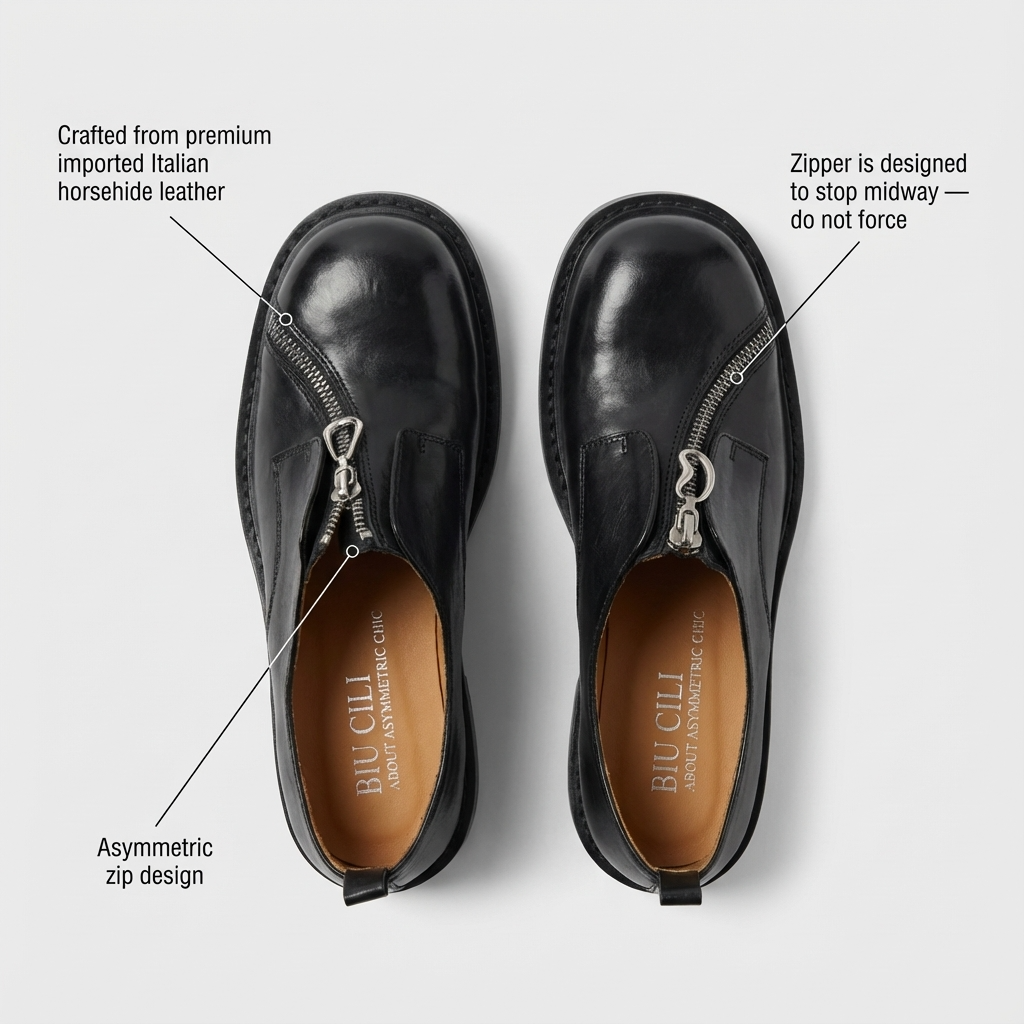 BIU CILI Woody Horsehide Leather Loafer Shoes with Asymmetric Zip