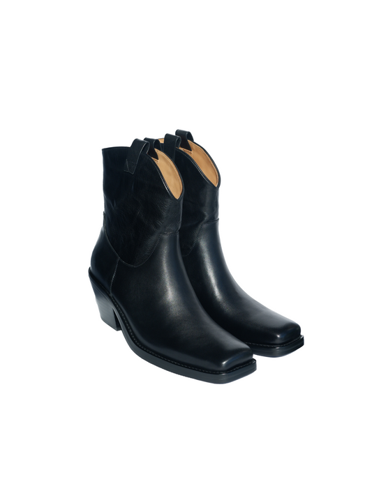 "Rebellious Lady" Women's Retro Square Toe Western Leather Boots in Black