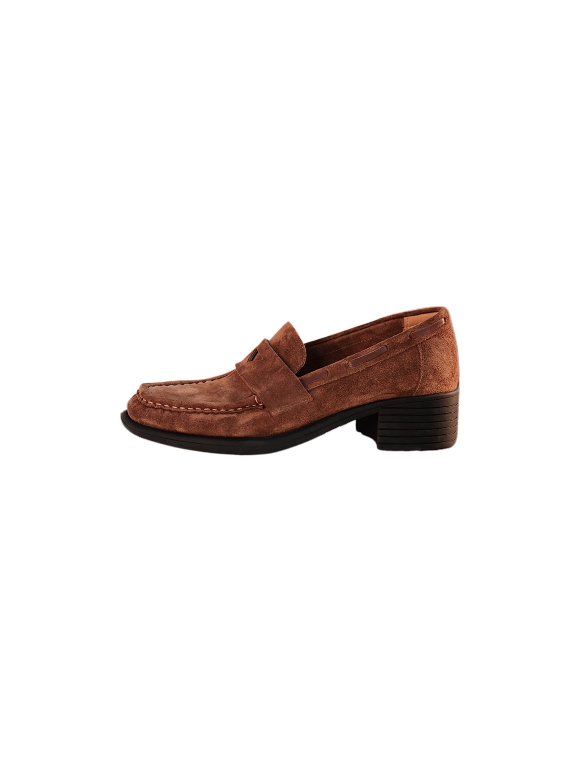 Women's brown suede mid-heel loafers with asymmetric detail on a clean white background