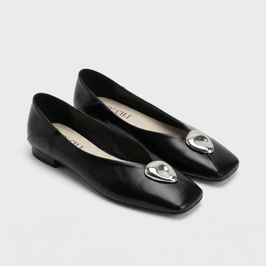 Slow Time Minimalist Two-Way Square Toe Leather Flats in Black or Silver