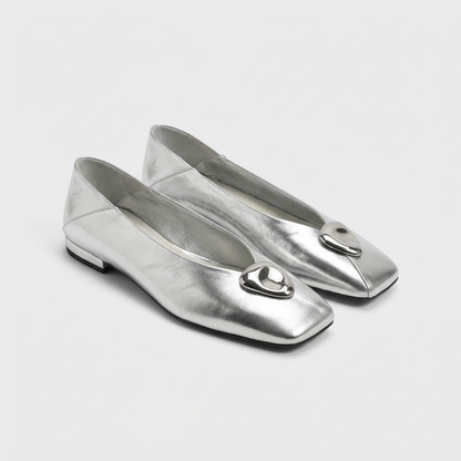 Slow Time Minimalist Two-Way Square Toe Leather Flats in Black or Silver