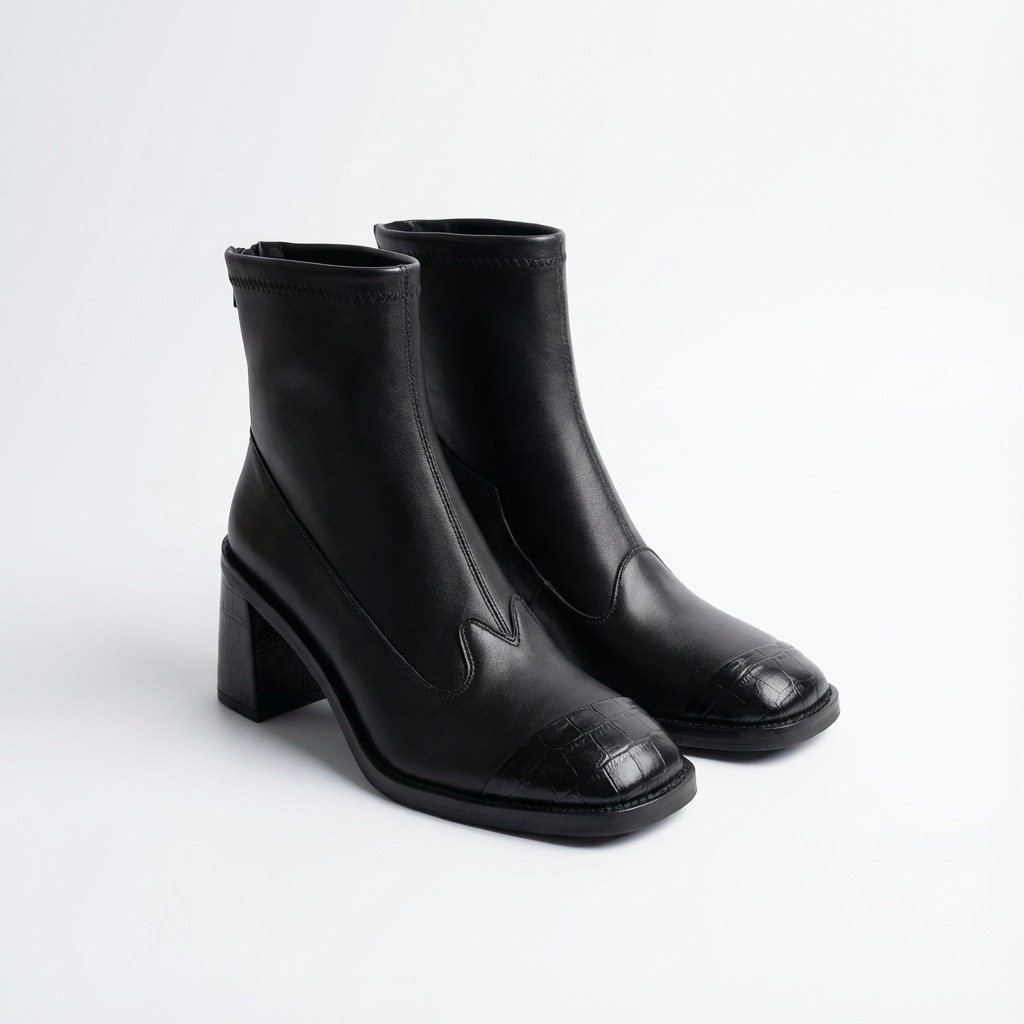 Asymmetric Black Leather Square-Toe Boots – Women’s Block Heel Winter Boot