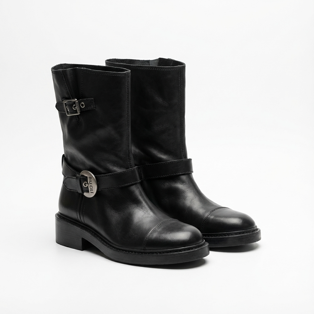 Pair of women's black leather boots with buckles on a white background