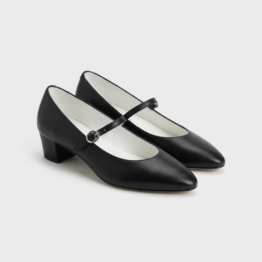 Minimalist Leather Mary Jane Block Heels with Asymmetric Buckle