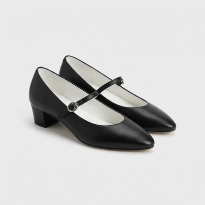 Minimalist Leather Mary Jane Block Heels with Asymmetric Buckle