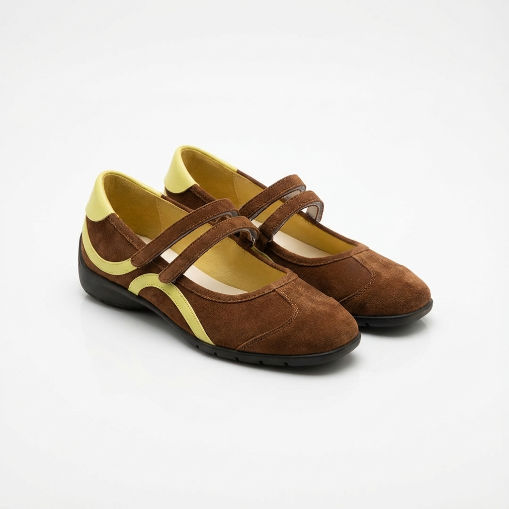 Pair of brown suede leather shoes with lime yellow accents on a white background