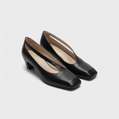 Sculpted Square Toe Cut-Out Leather Pumps with Mid Heel