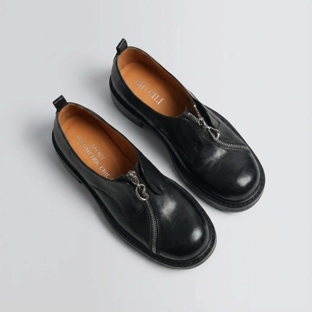 Pair of black leather shoes with a chain detail on a light gray background