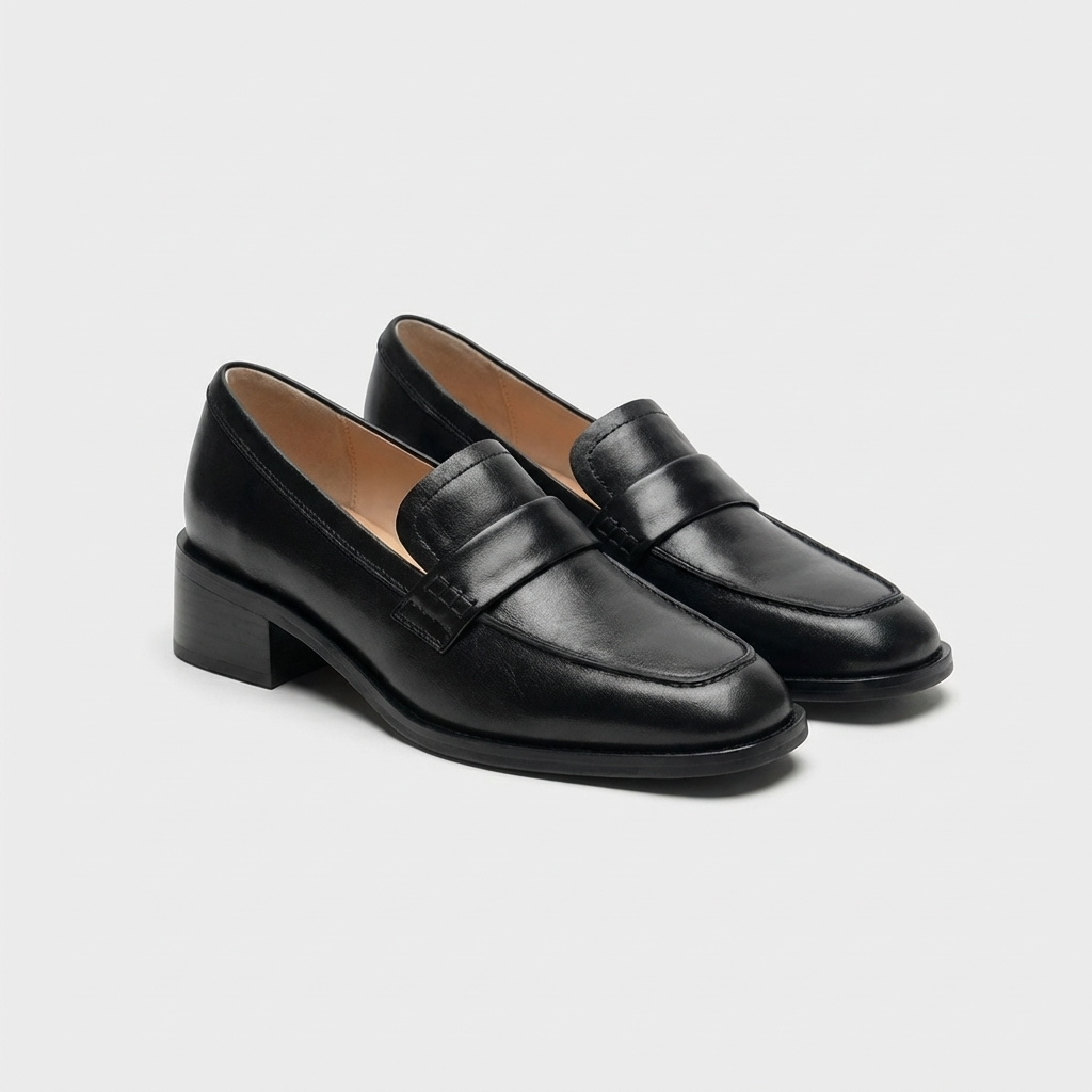 Pair of black leather loafers on a light gray background
