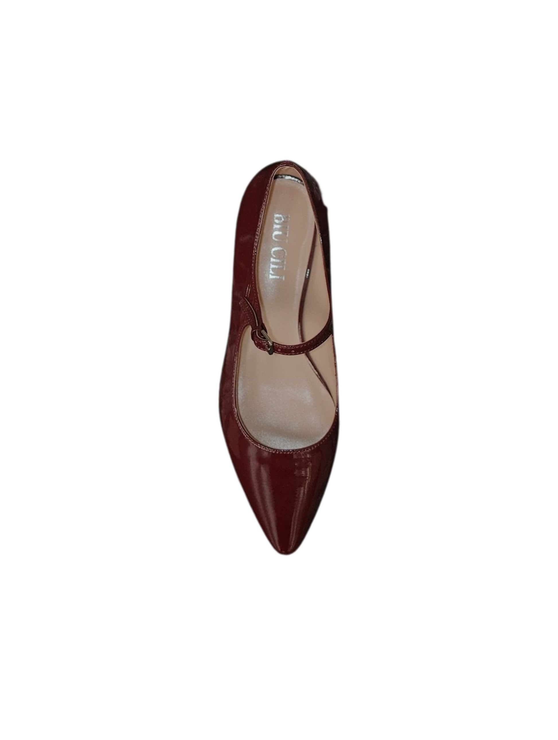 A deep red patent leather pointed-toe Mary Jane flat with a single strap, displayed on a white background