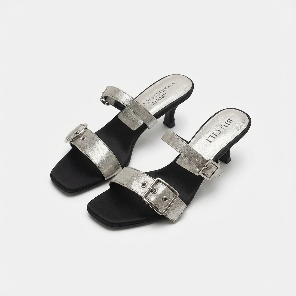 Pair of black and silver high-heeled sandals on a white background