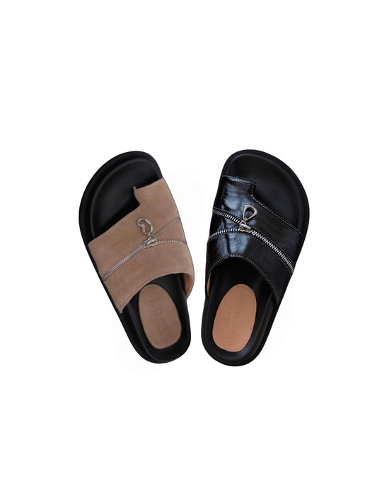 Summer Sandals with Asymmetric Twinkle Zipper Details Leather Slides