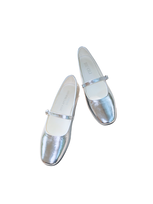 Elegant Silver Mary Jane leather flats for women, perfect for casual and formal occasions.